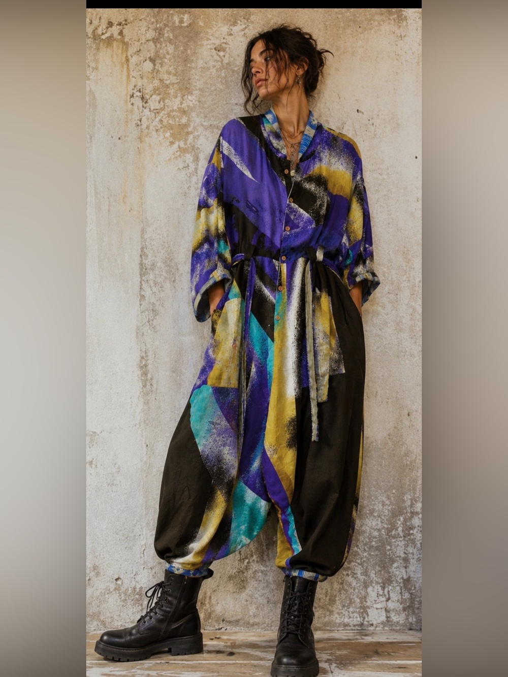 96🌟 Abstract Print Balloon Jumpsuit | Oversized Belted Art-to-Wear Boho